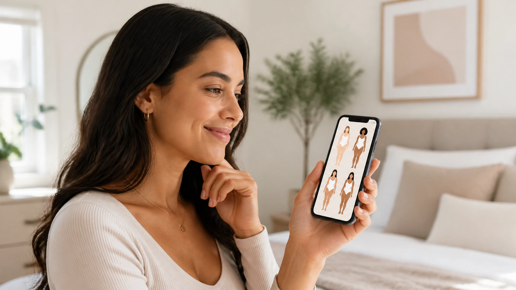 A woman smiling with confidence while looking at a diverse and realistic fit guide on her smartphone