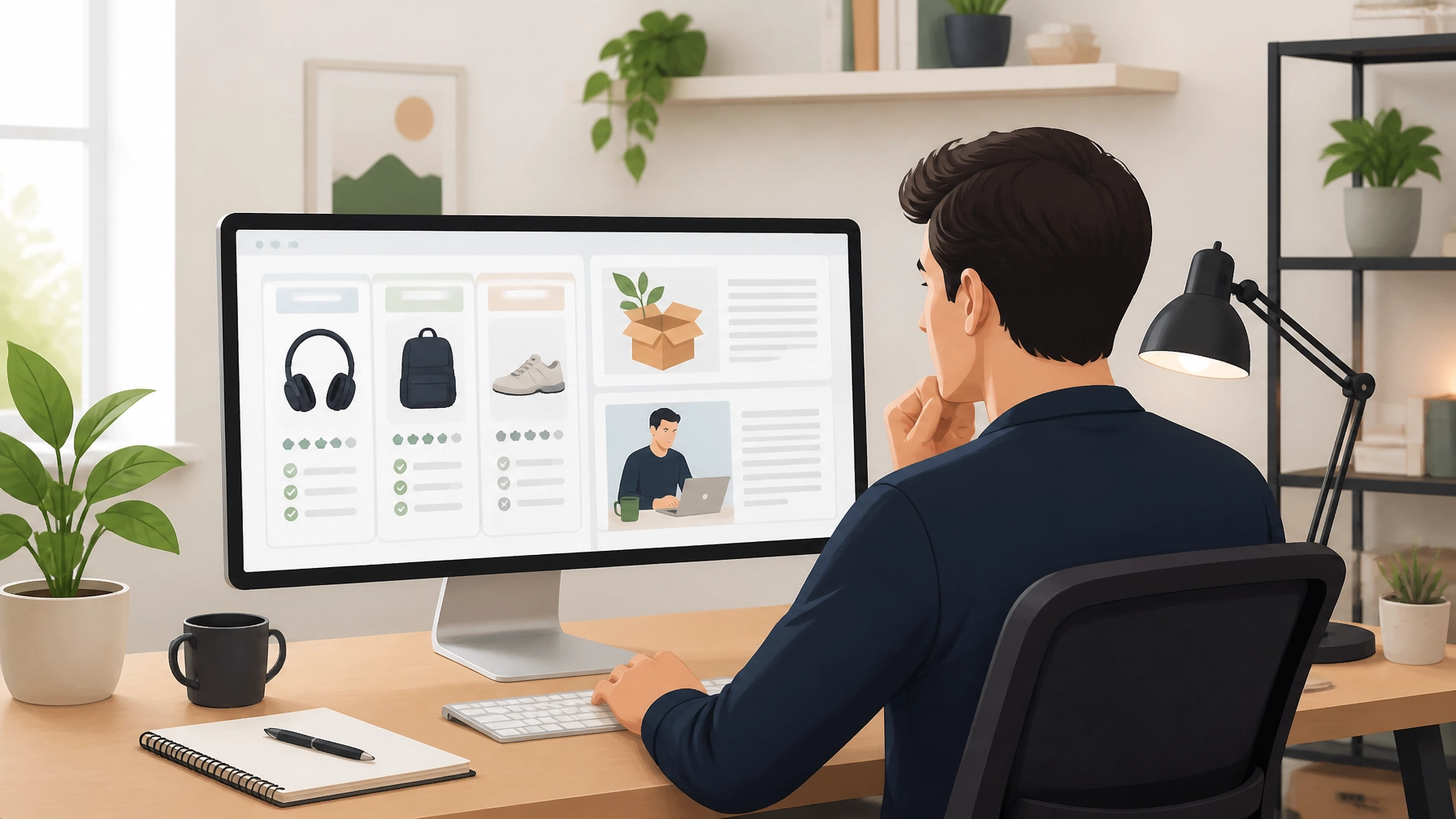 An e-commerce owner studying strategic content and comparison guides on a screen in a bright office.