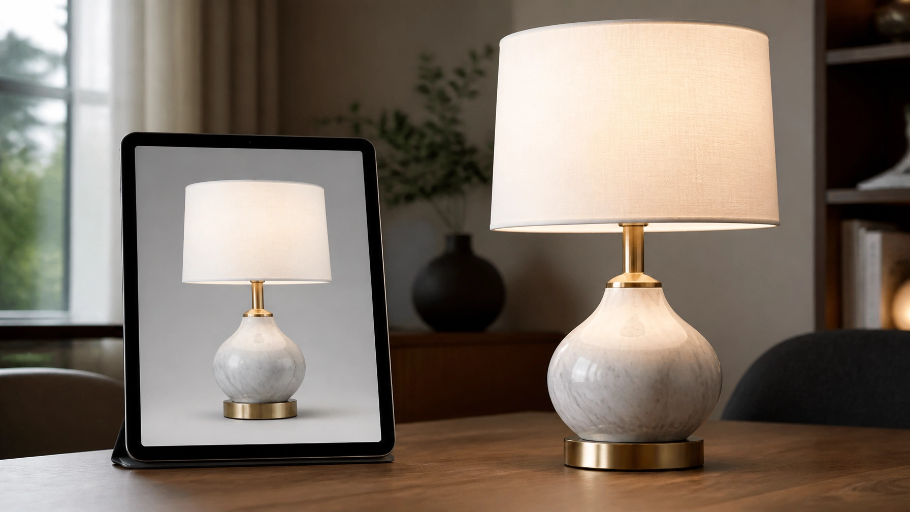 Comparison between a digital product render on a tablet and the real physical product