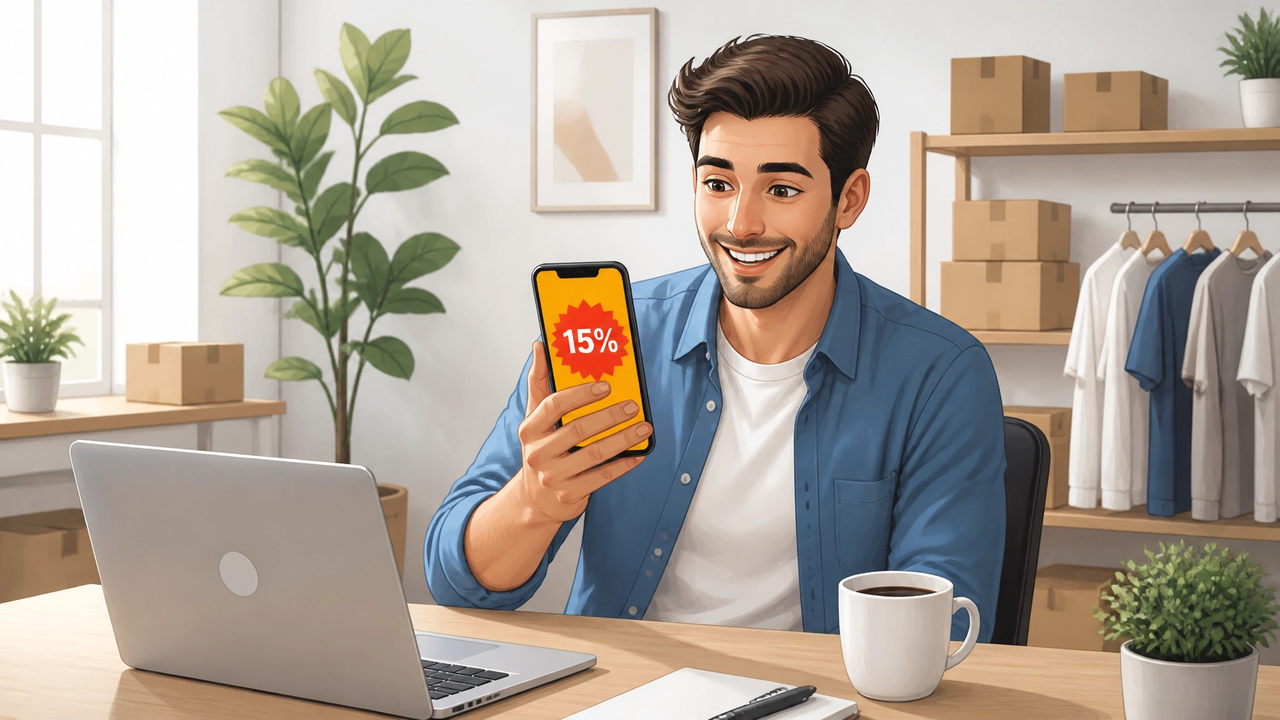 An entrepreneur looking at a smartphone with a clear discount offer icon
