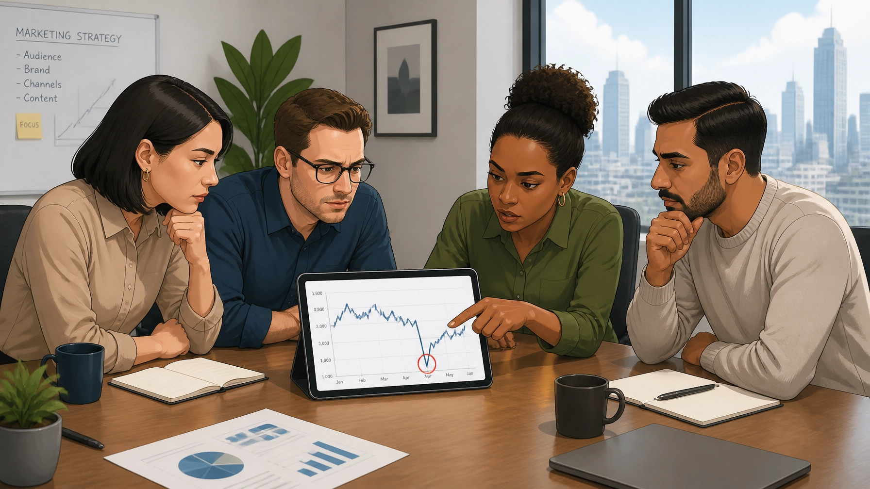 A marketing team investigating a downward dip in a chart with curiosity