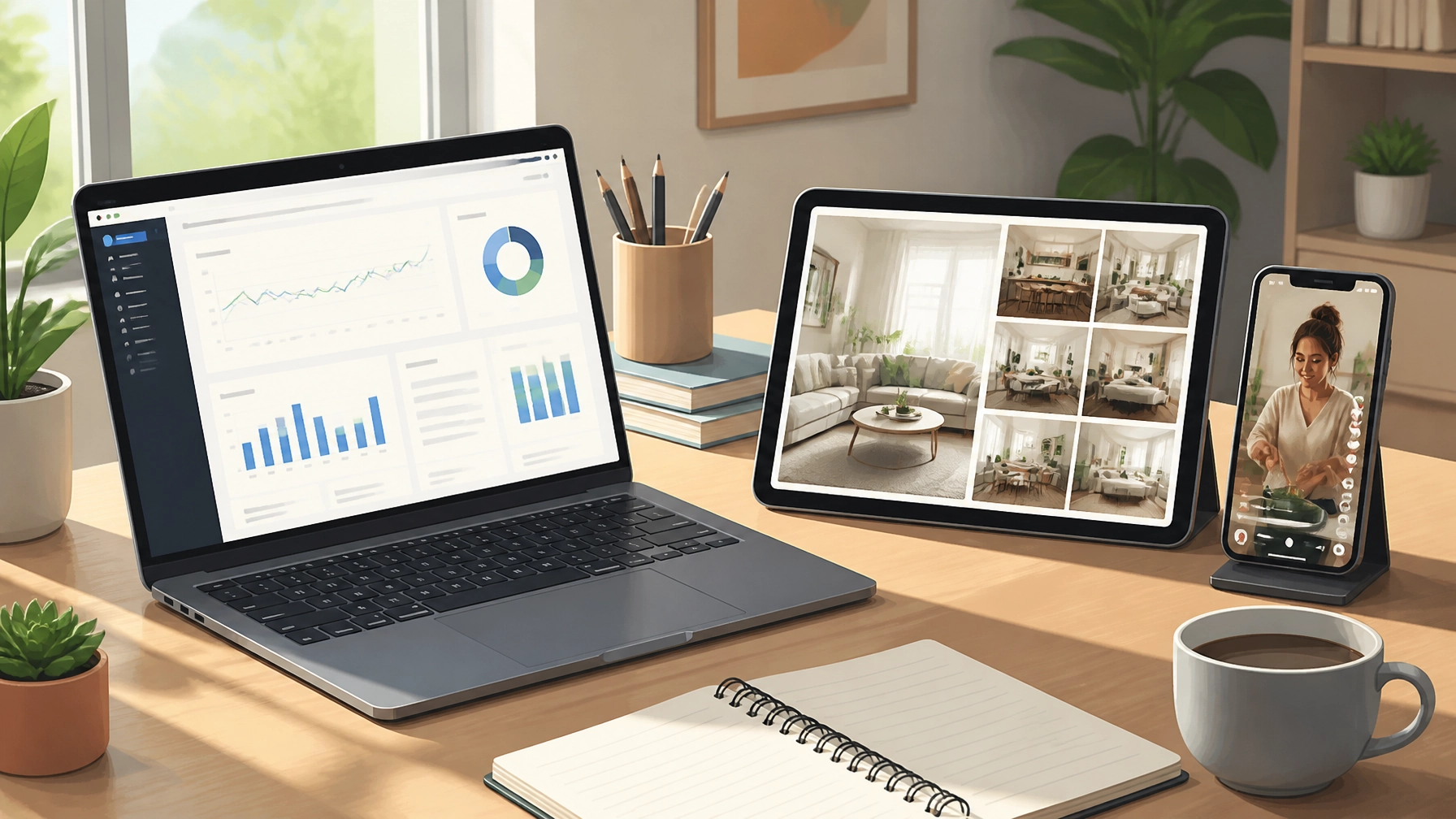 A clean workspace showing different devices with platform-specific content styles