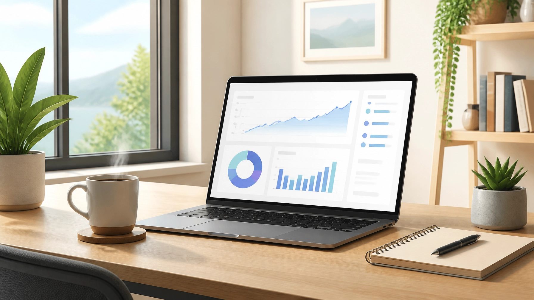 A clean, focused workspace with an analytics dashboard showing clear data