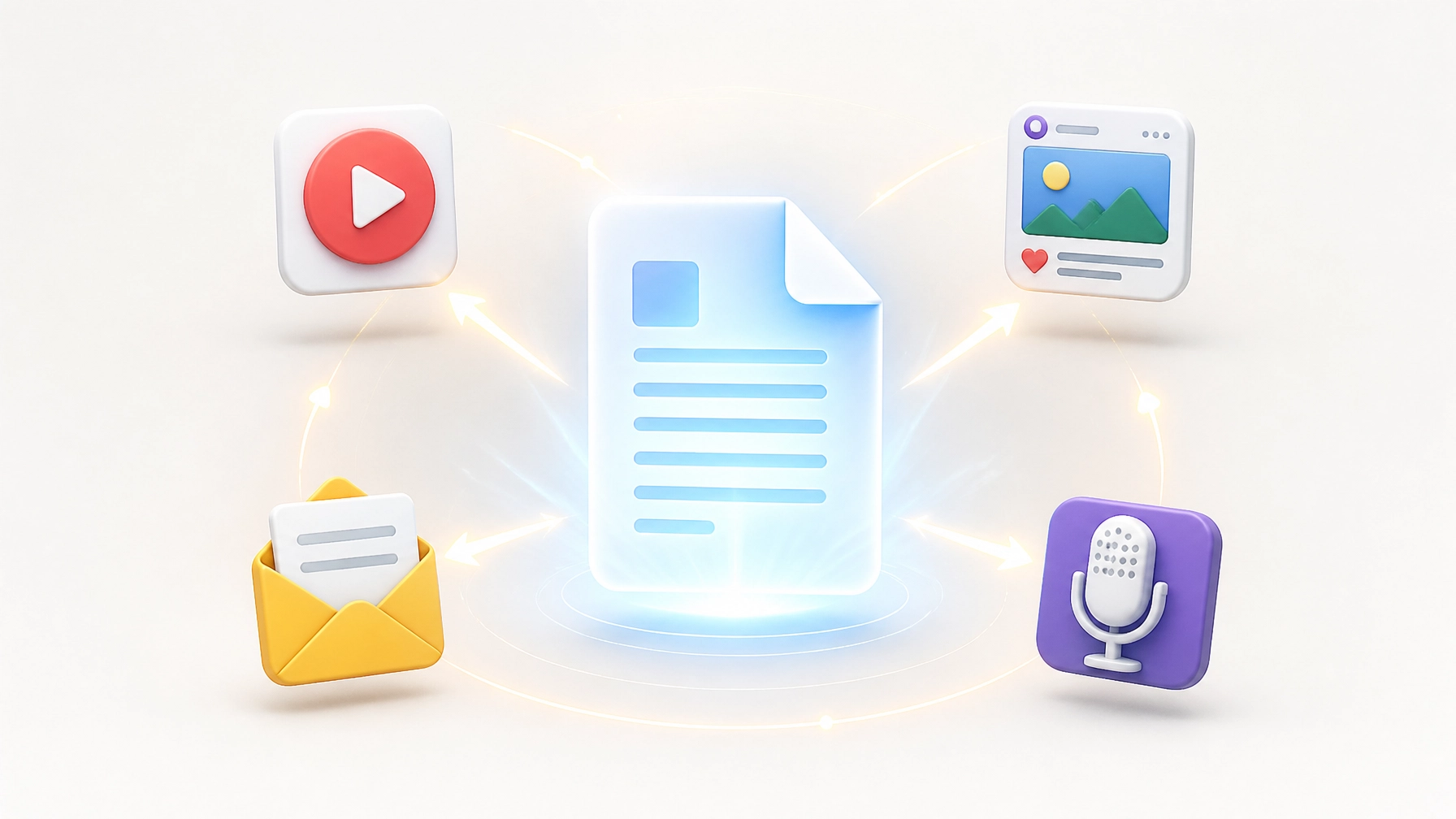 A glowing document being split into various social, email, and video icons