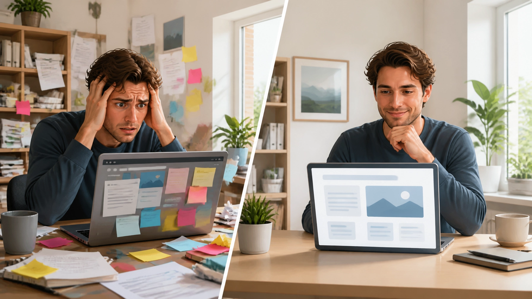 A comparison of a user feeling stressed by a cluttered interface versus a user feeling calm and confident with a clean, minimal website layout.