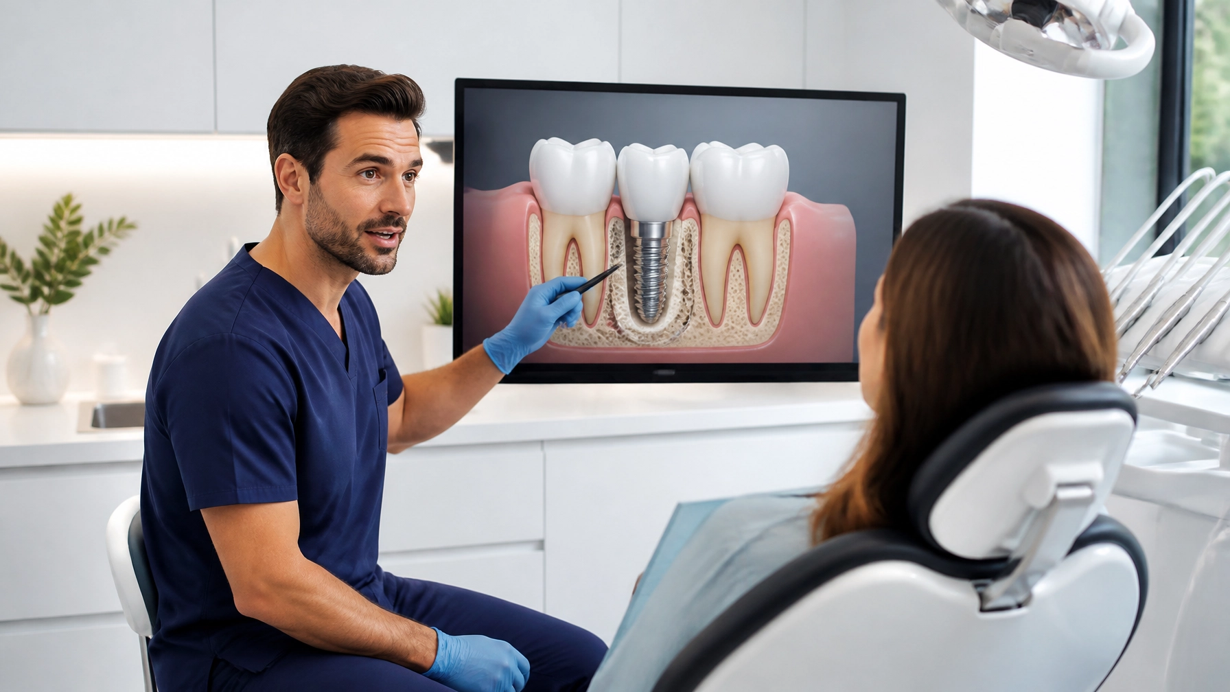 A dentist explaining a procedure to a patient using a clear visual model