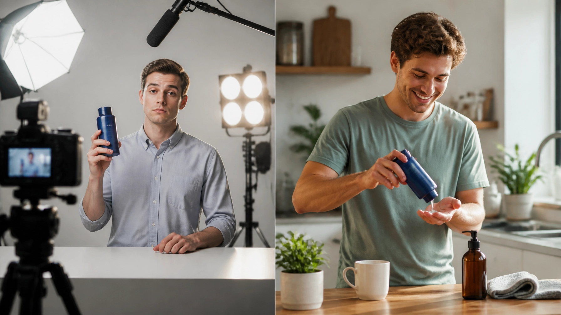 A split-screen showing a stiff, over-staged commercial set on the left versus a warm, candid, authentic moment of a creator using a product naturally on the right.