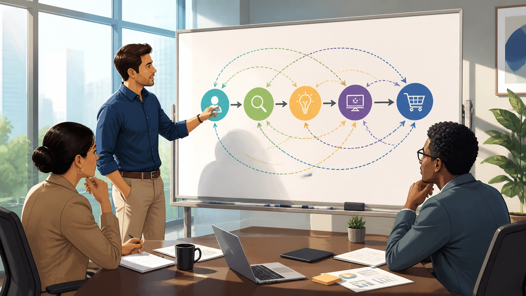 A team of professionals discussing marketing assists in a sunlit meeting room
