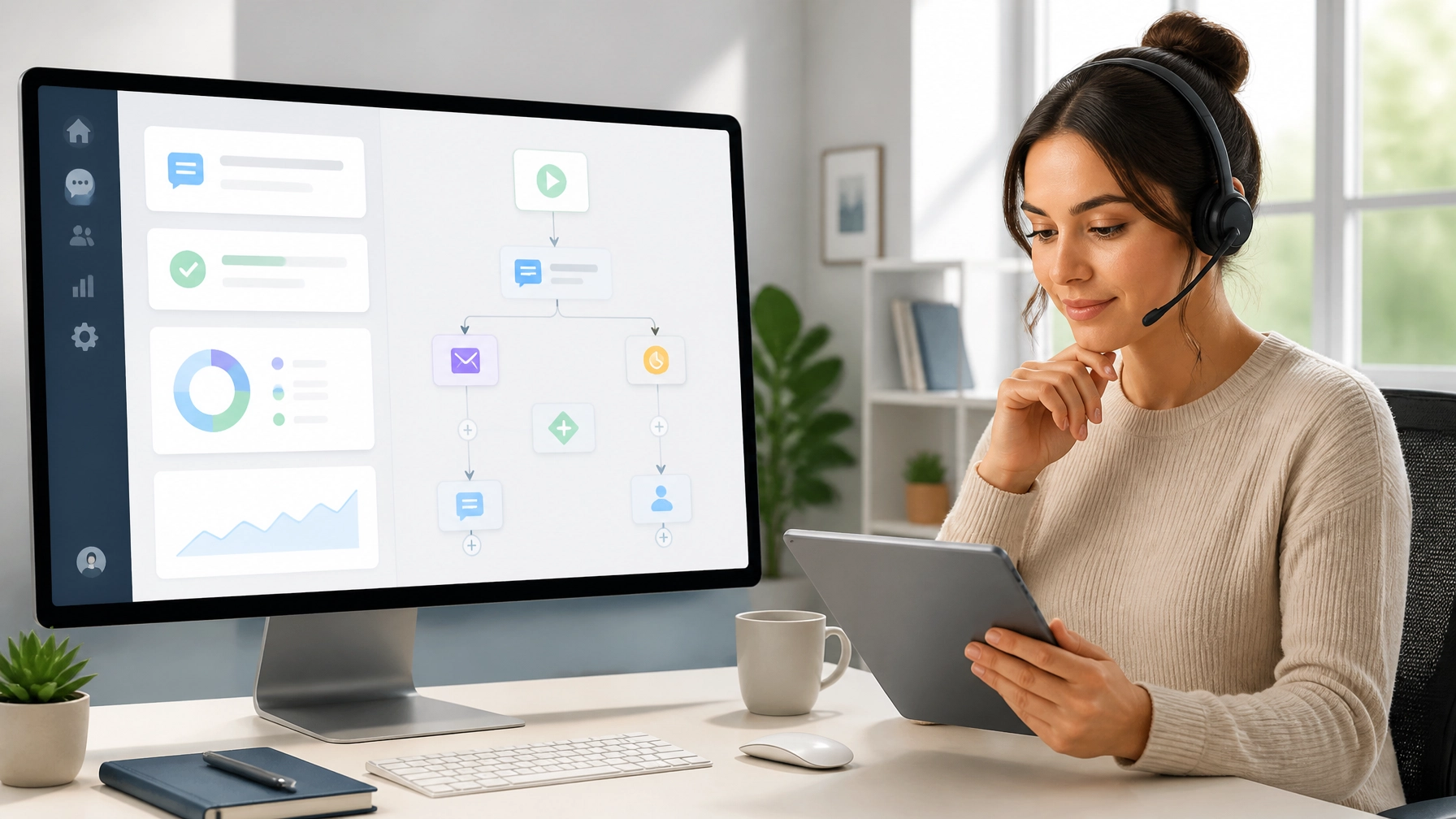 A customer service dashboard displaying automated workflows and a human support specialist
