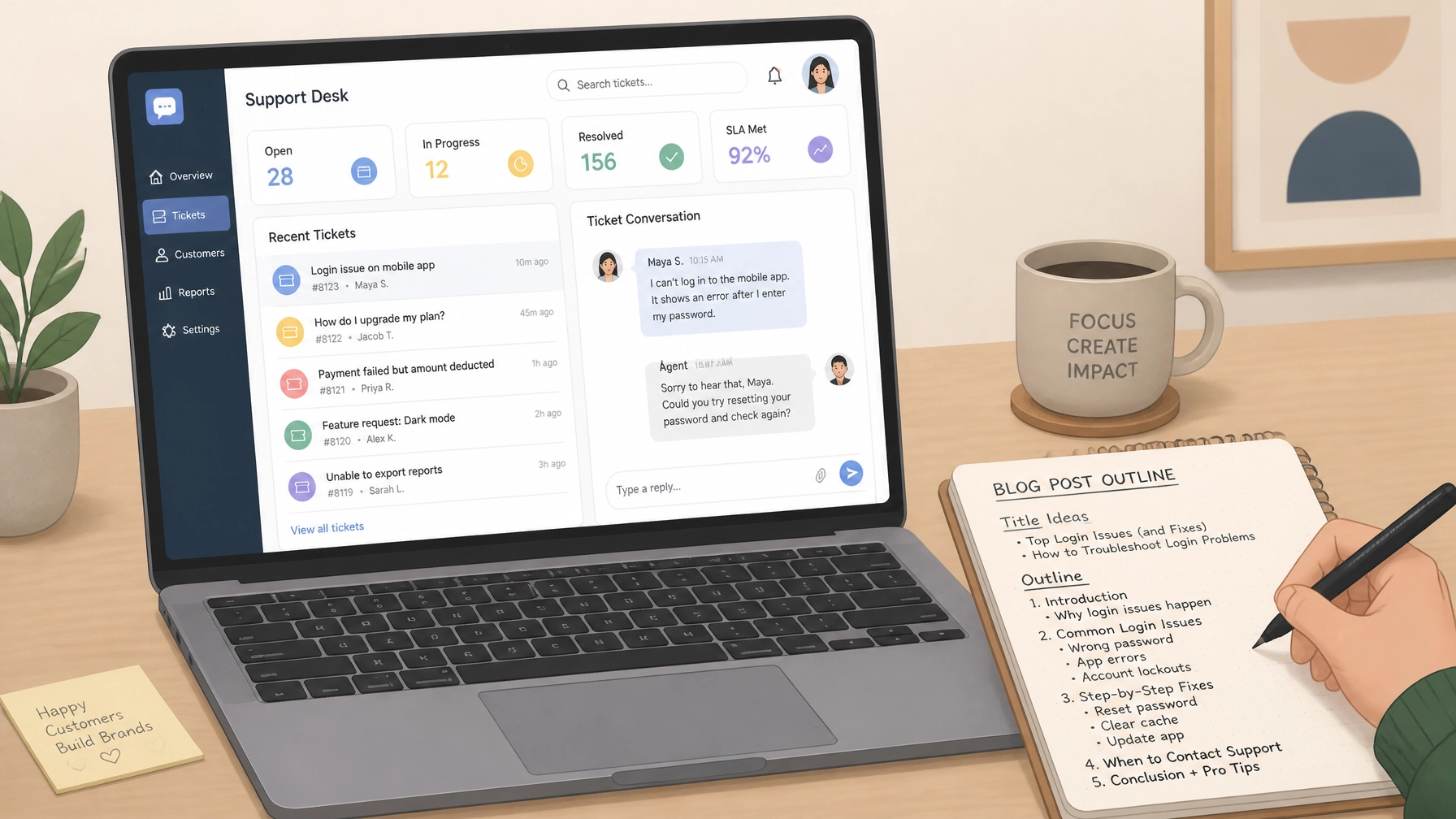 A clean laptop screen showing customer service tickets and a notebook with blog post outlines