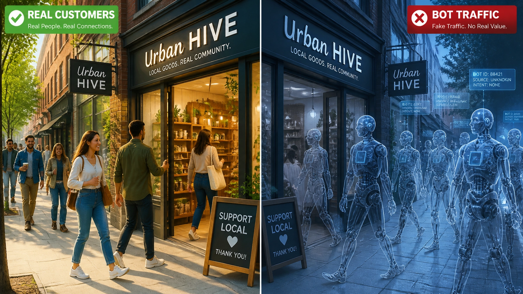 A split-screen visual showing real customers entering a shop on one side and transparent robot figures walking past on the other
