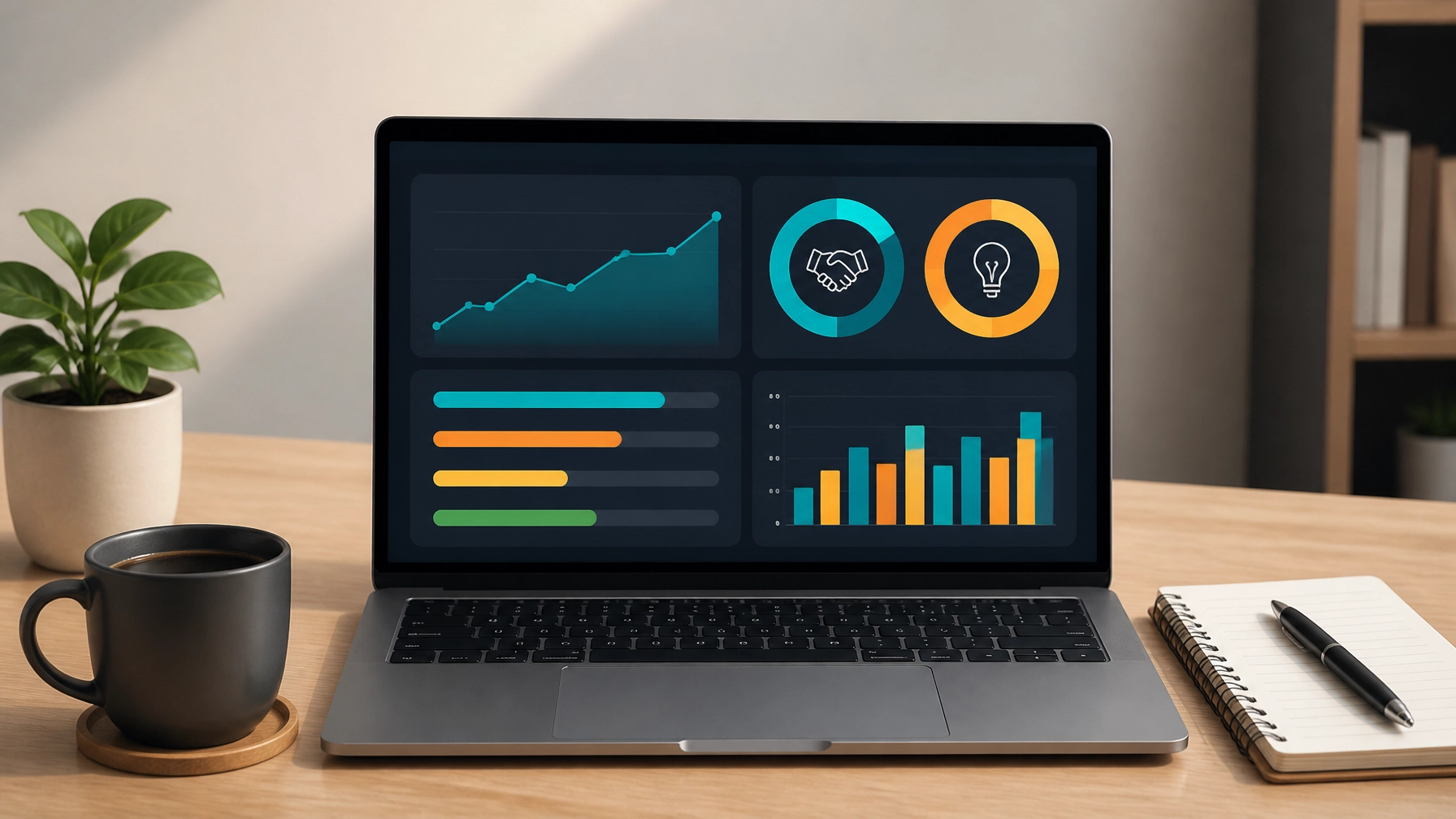 A minimalist workspace showing a conceptual dashboard of trust and clarity, symbolizing successful content strategy