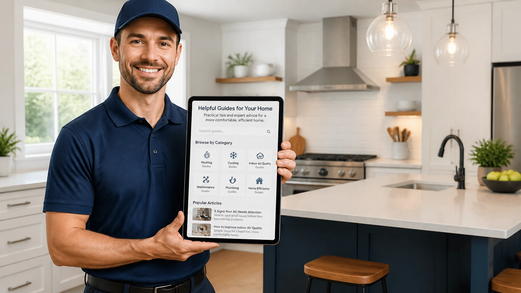 Contractor in a remodeled kitchen showing a digital authority hub on a tablet
