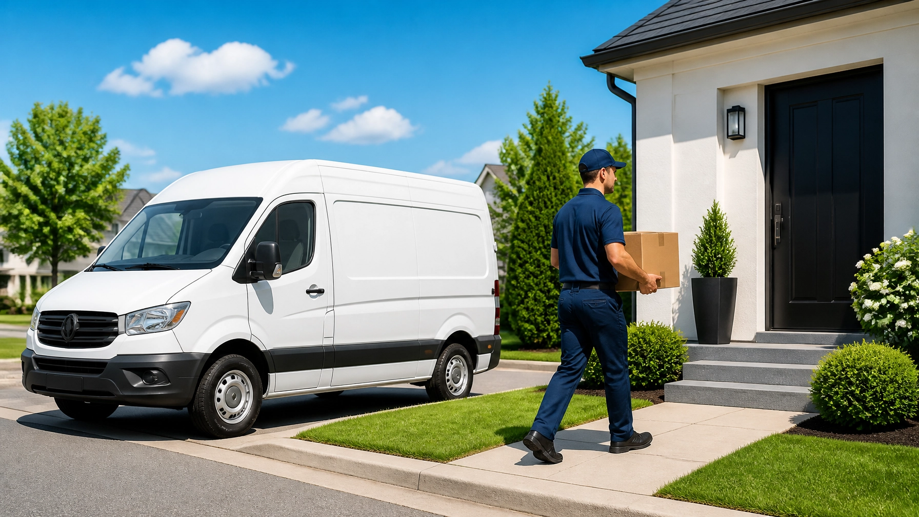 A delivery van in a quiet neighborhood delivering a package