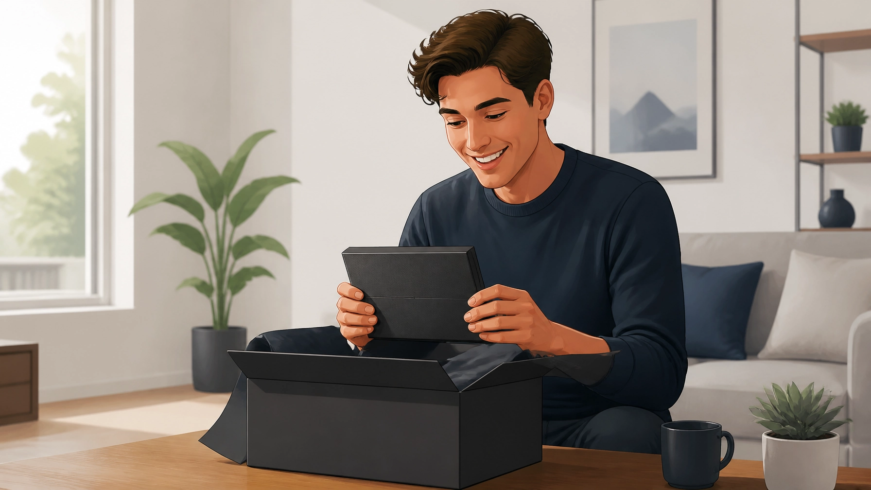 A person happily unboxing a premium, beautifully packaged item at home. They look satisfied and confident, as if the product perfectly fits their lifestyle and identity. The room is bright and modern. Cartoon-like modern clean realism.