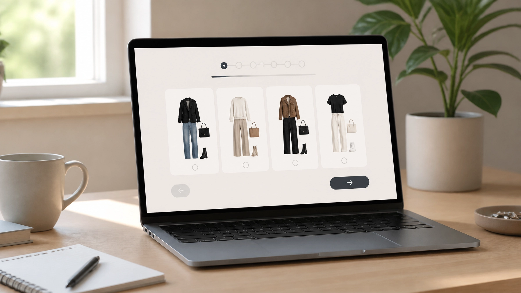 A sleek, modern laptop screen displaying a clean, minimalist 'Personal Style Quiz' interface with simple icons and a clear progress bar. The laptop is on a tidy desk in a bright, natural-light environment. Modern clean cartoon realism.