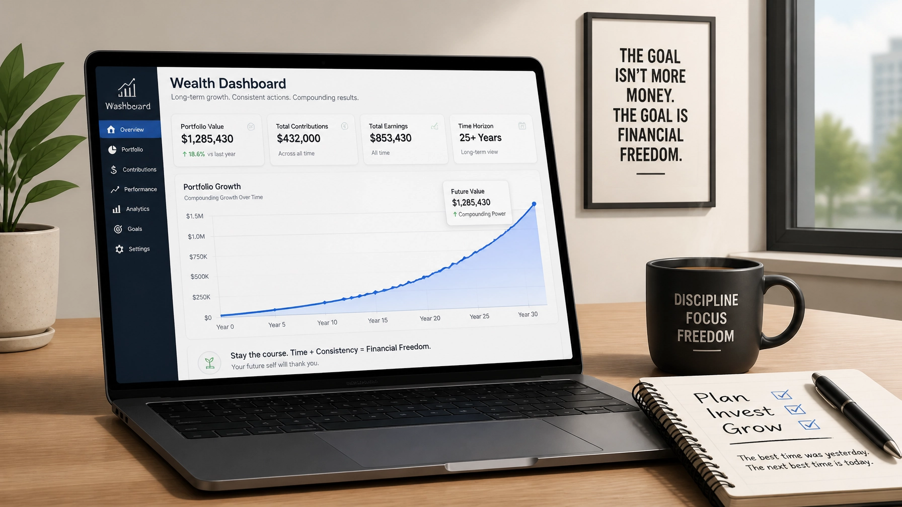 A stylized dashboard on a laptop showing a compounding growth curve, representing the long-term ROI of strategic content.