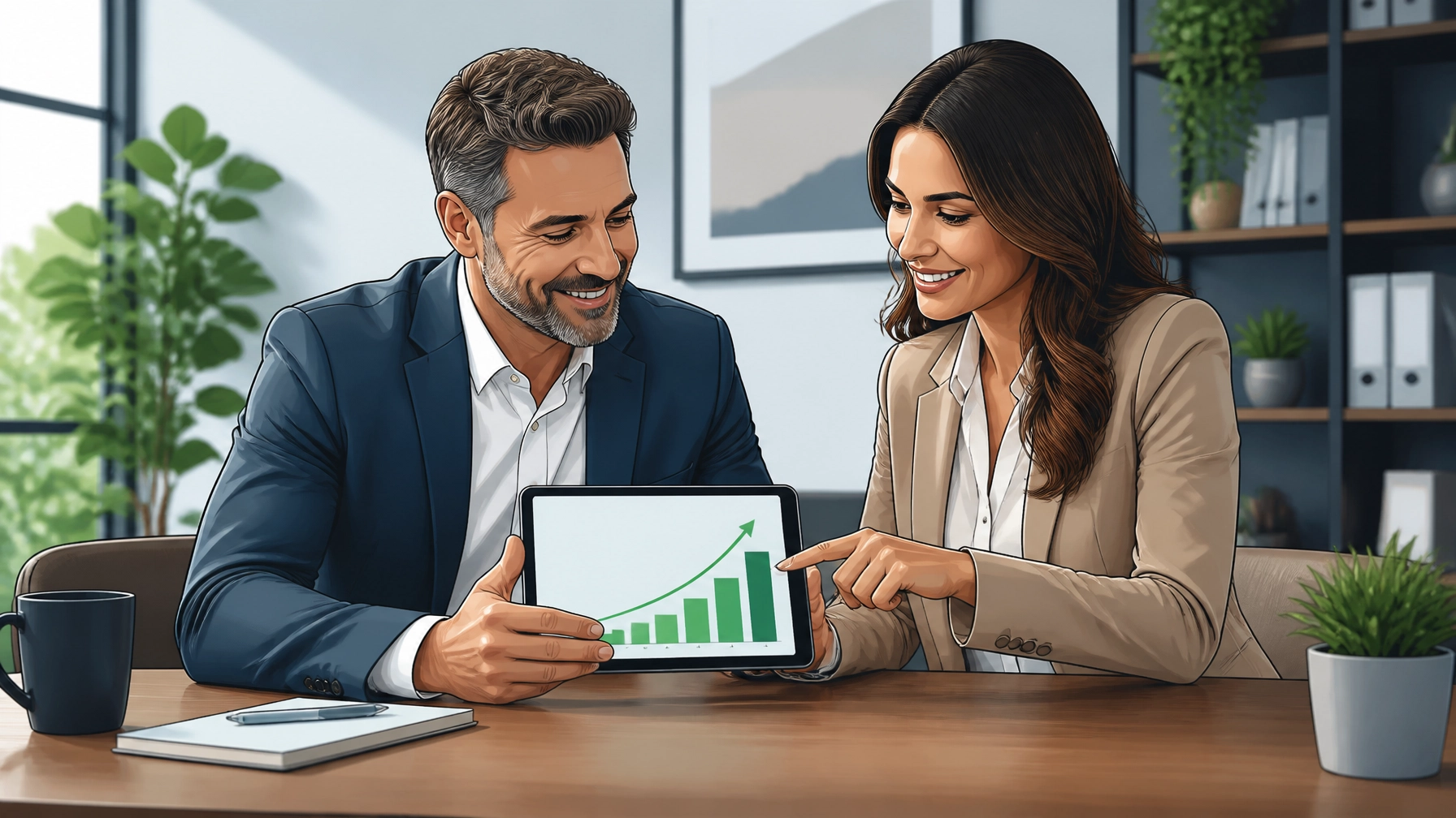 A business owner and a digital marketing consultant looking at a growth chart on a tablet, symbolizing a strategic partnership.