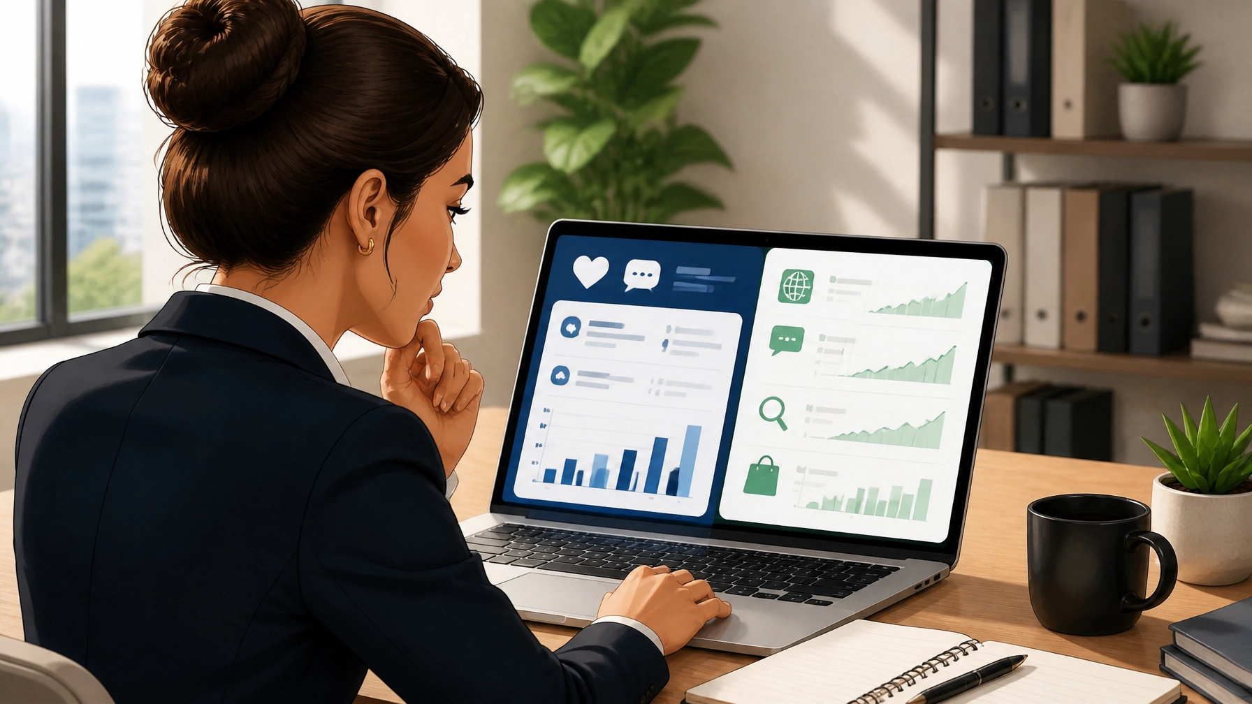 Marketing strategist comparing visible engagement with quieter conversion signals in a conceptual analytics workspace