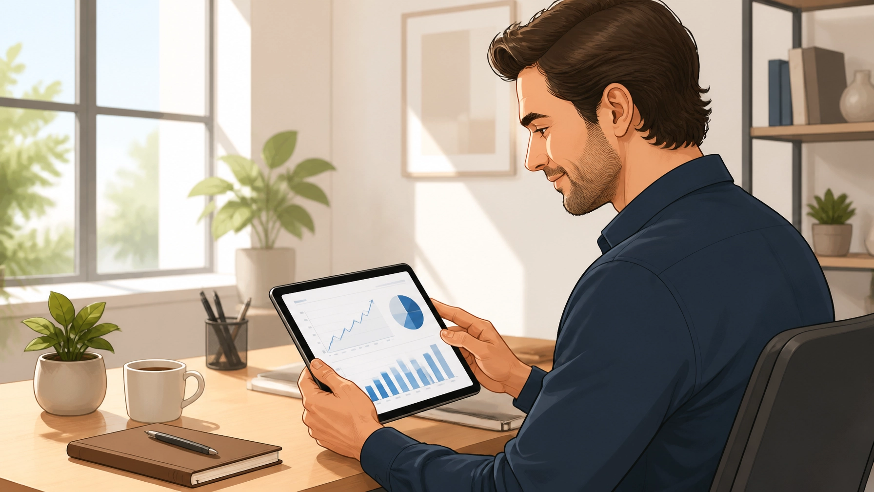 A business owner analyzing performance data on a tablet