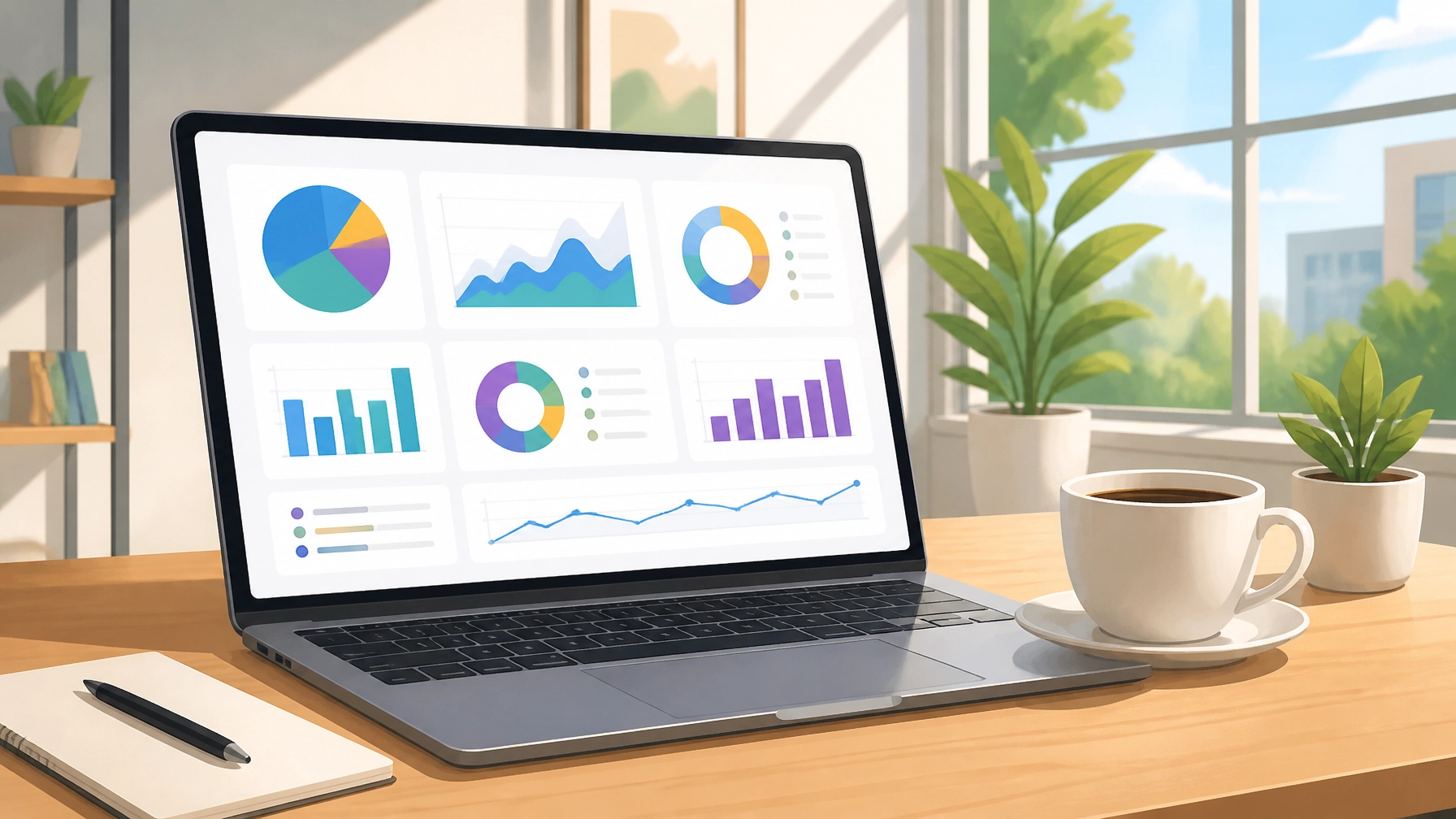 Marketing analytics dashboard on a clean laptop