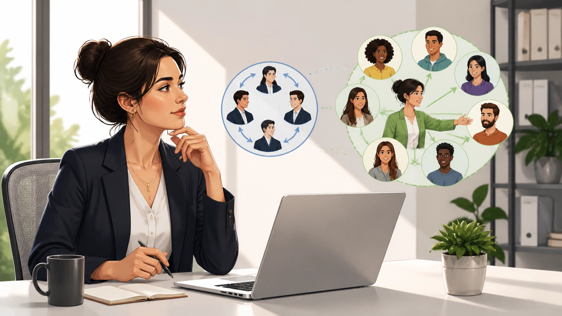 Woman at laptop illustrating echo chamber effect on social media, connecting to industry peers.