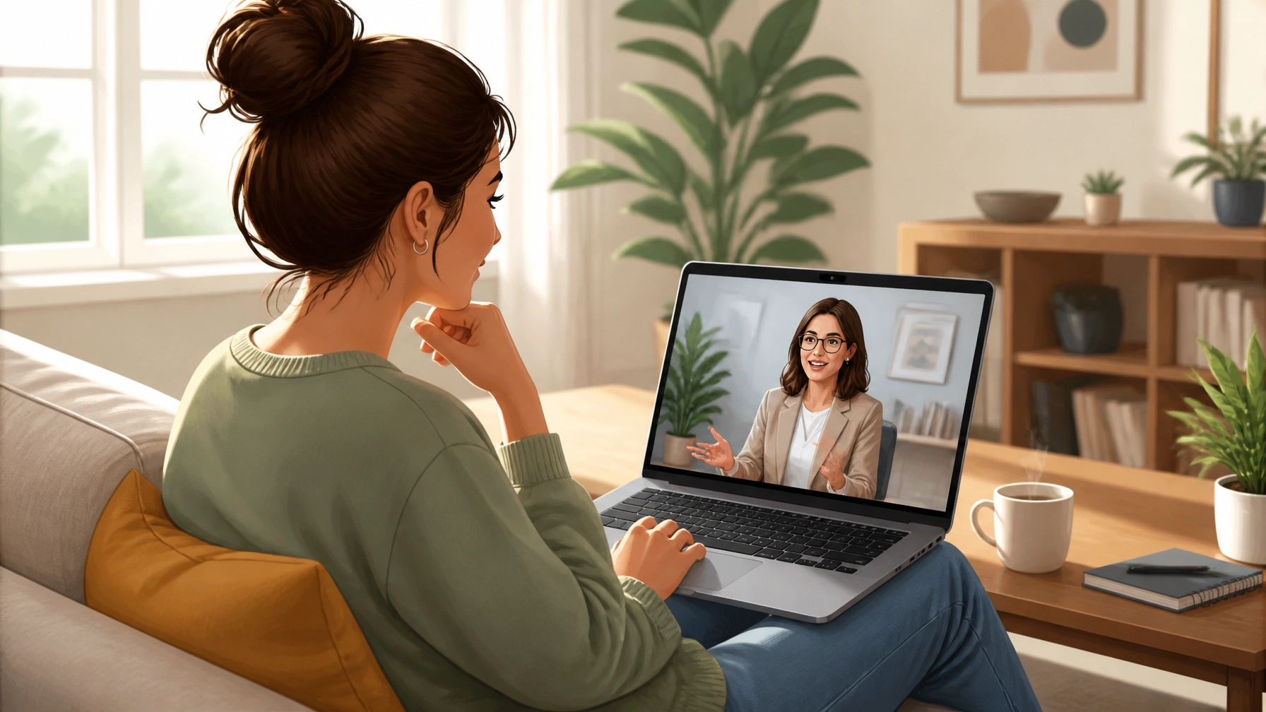 Customer interacting with specialized online service on a laptop in a bright cozy living room