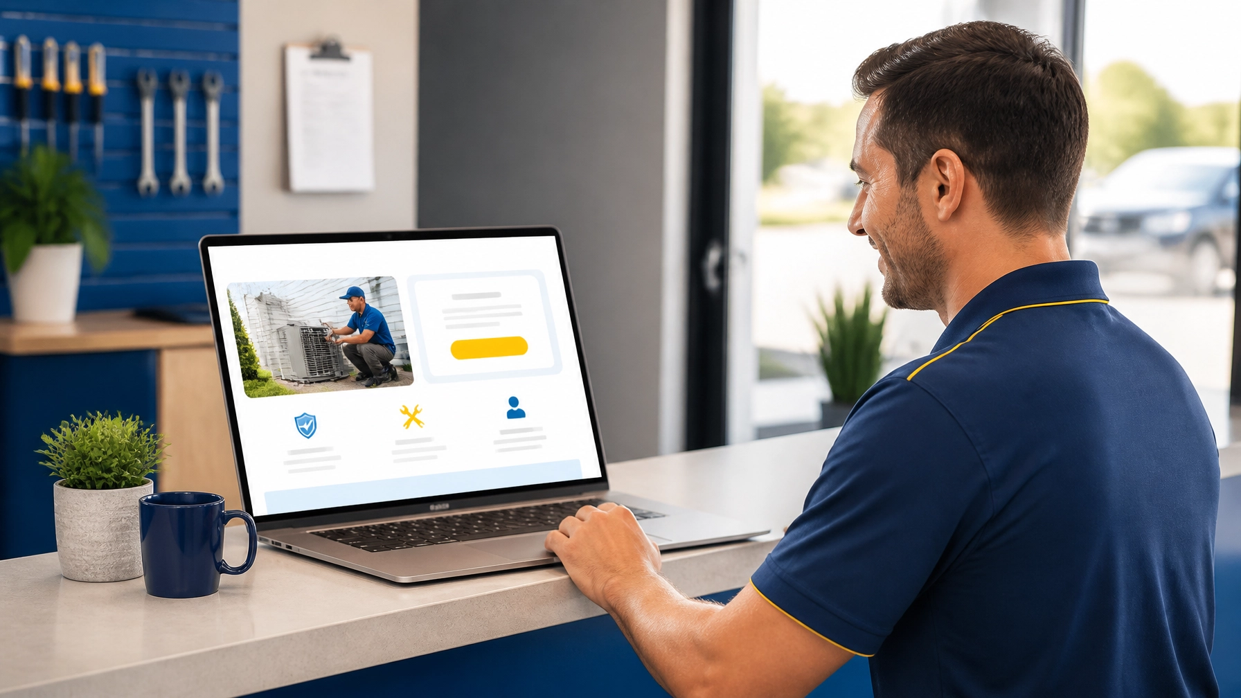 Home services business owner reviewing a spacious website with a clear contact action