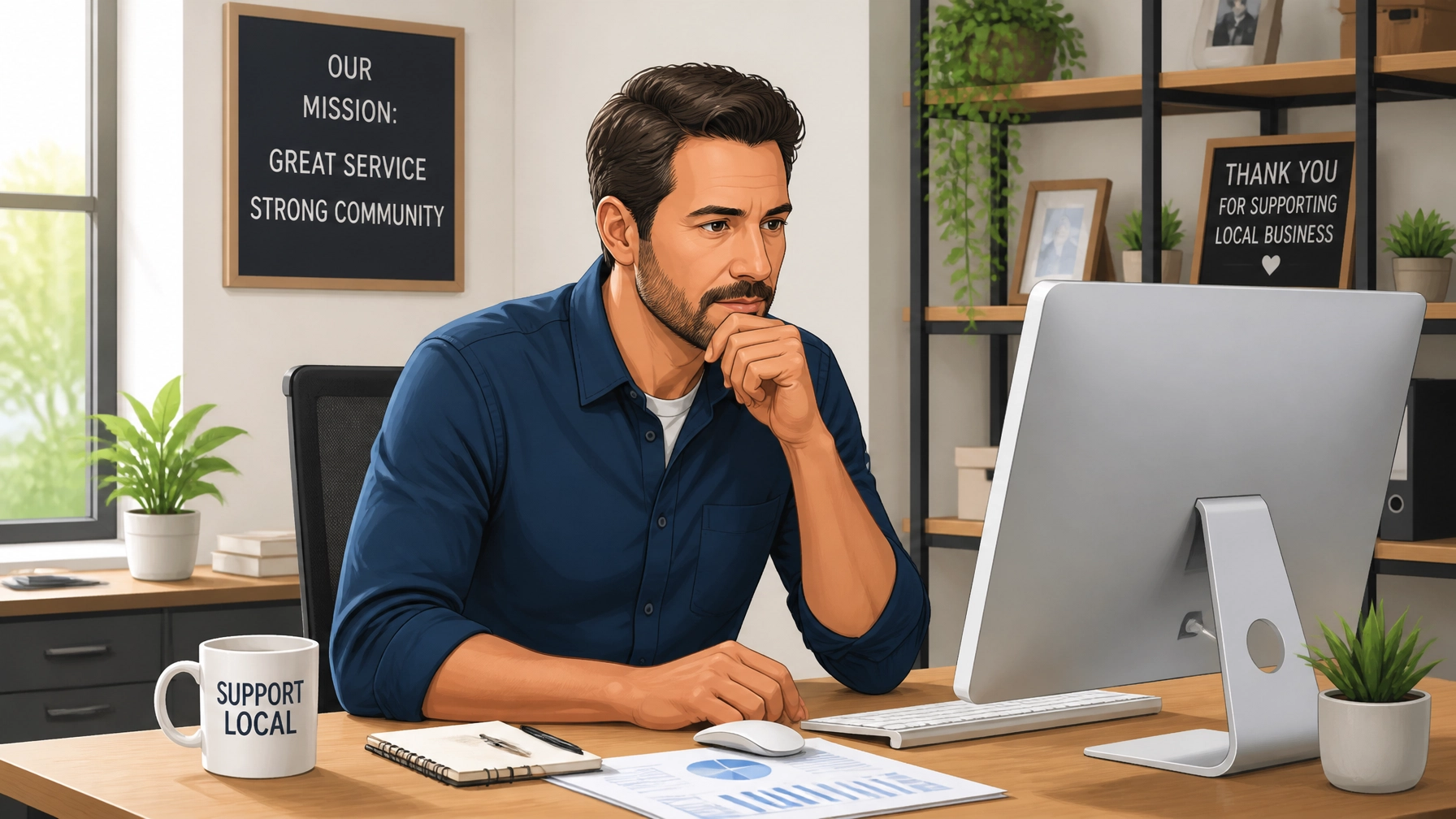 Local business store owner looking thoughtful at a computer screen