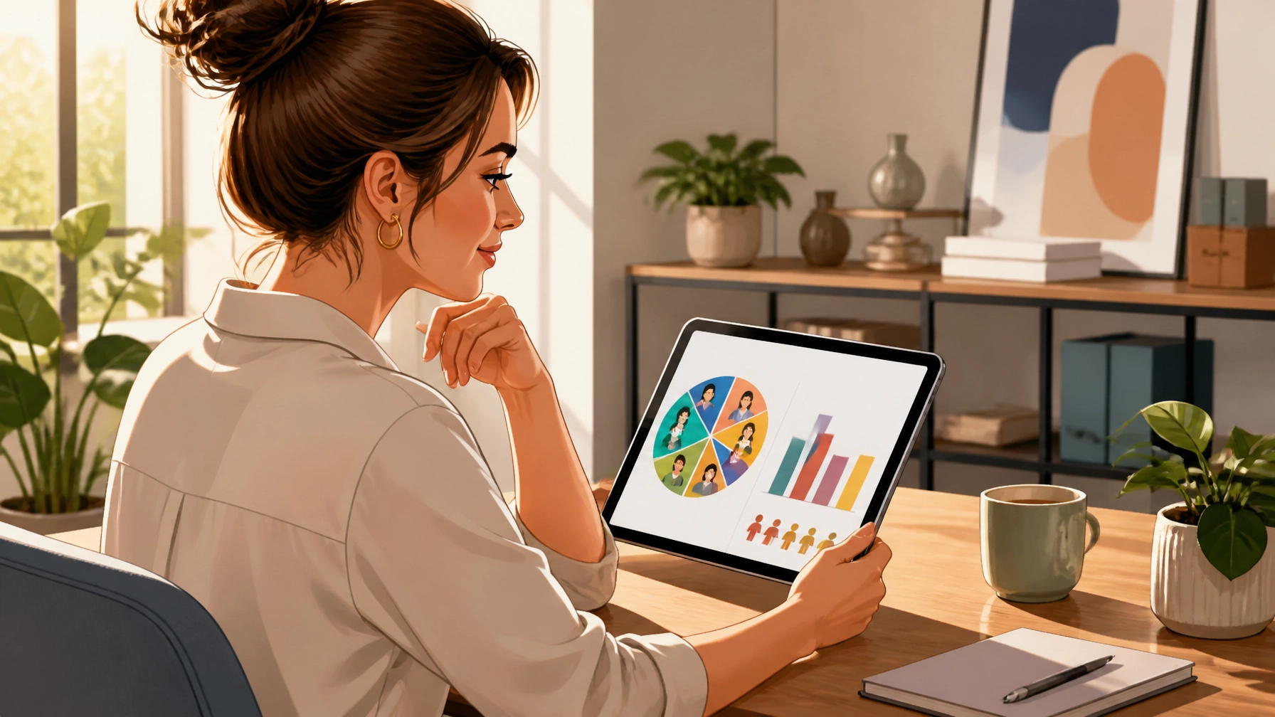 Business owner reviewing customer segment data on a tablet