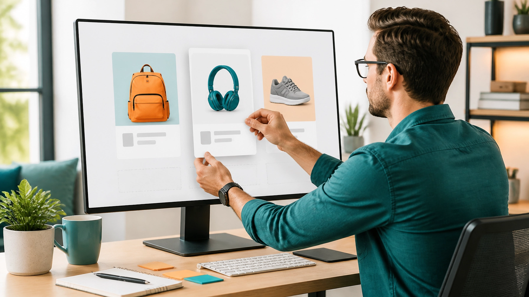Ecommerce marketer arranging widely spaced product tiles on a monitor in a clean office