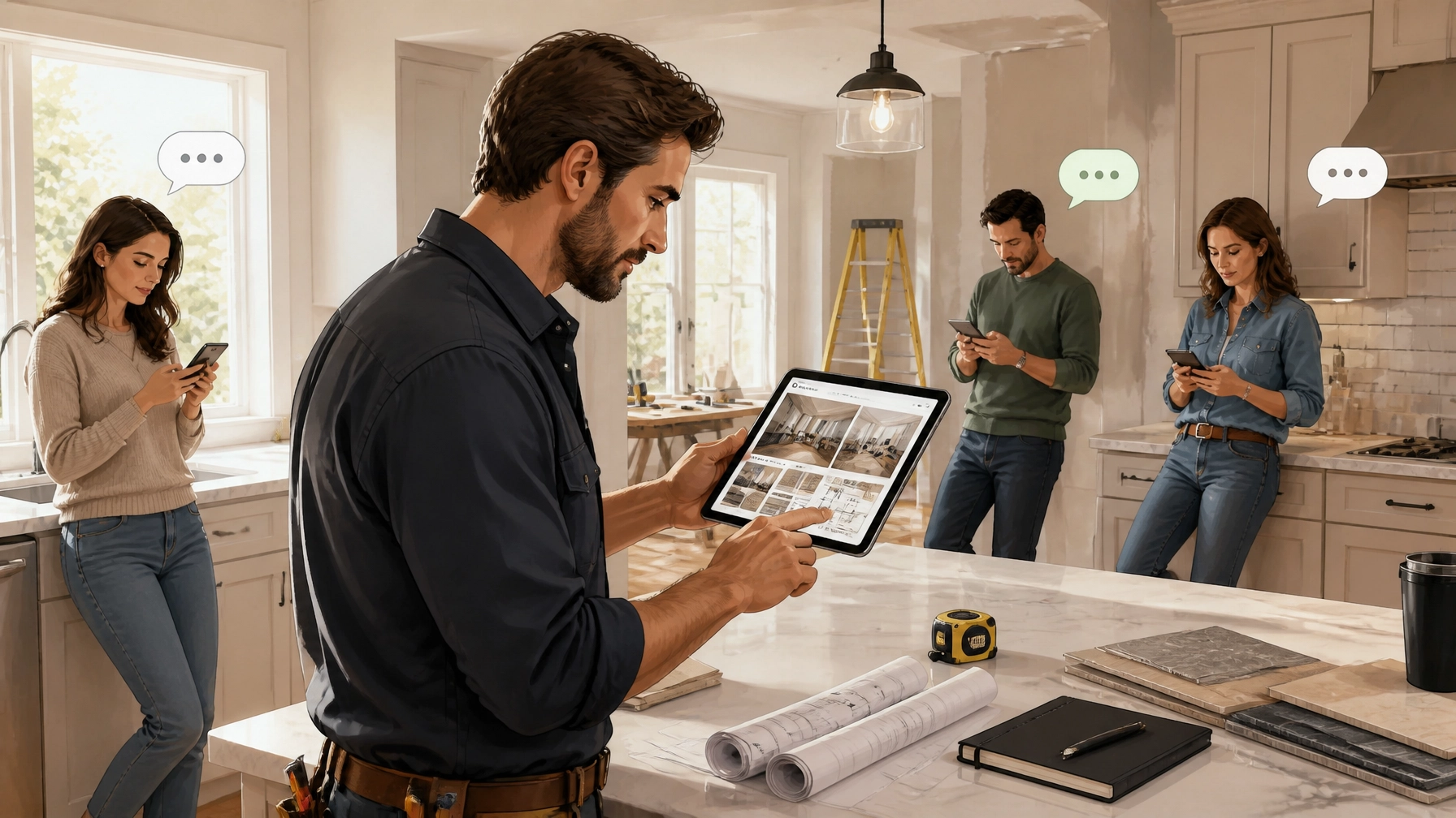 Home remodeling contractor reviewing detailed project walkthrough content while homeowners quietly evaluate the work