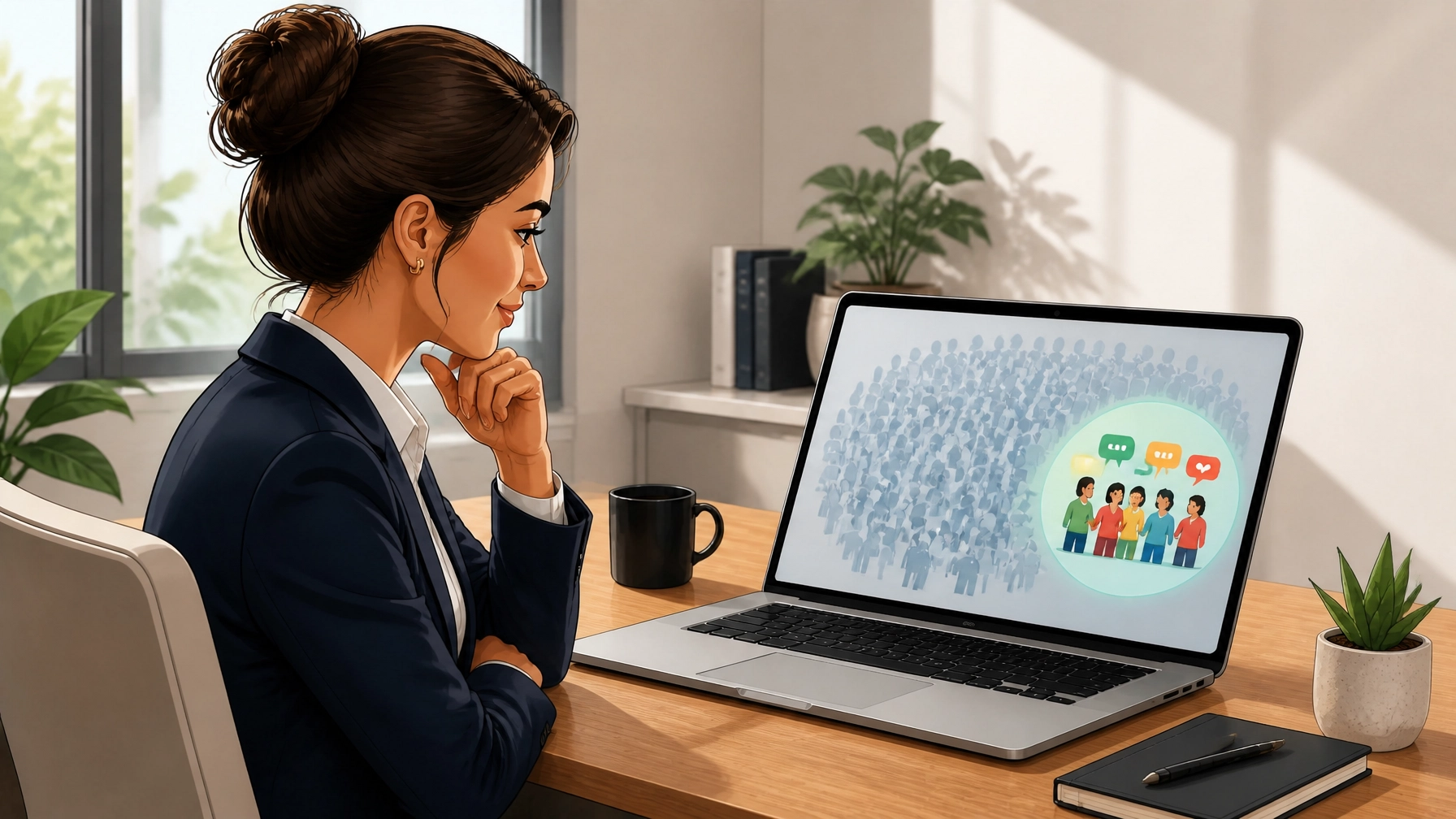 Woman analyzing laptop screen depicting a large audience and speech bubbles, illustrating passive social media