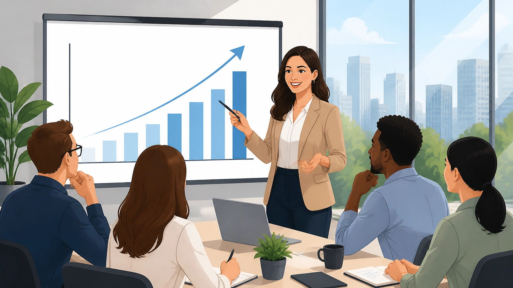 Marketing strategist presenting a growth chart in a glass-walled conference room