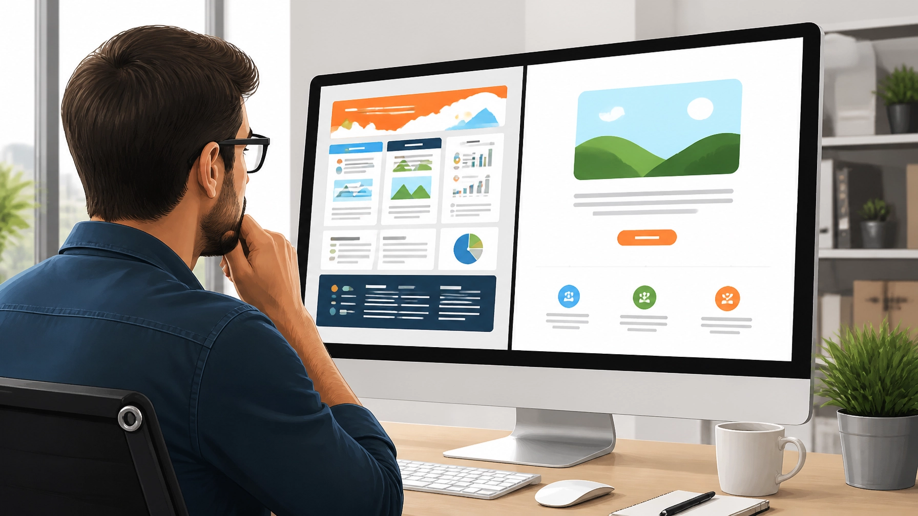 Conceptual comparison of a crowded website layout and a spacious one-message-per-viewport layout