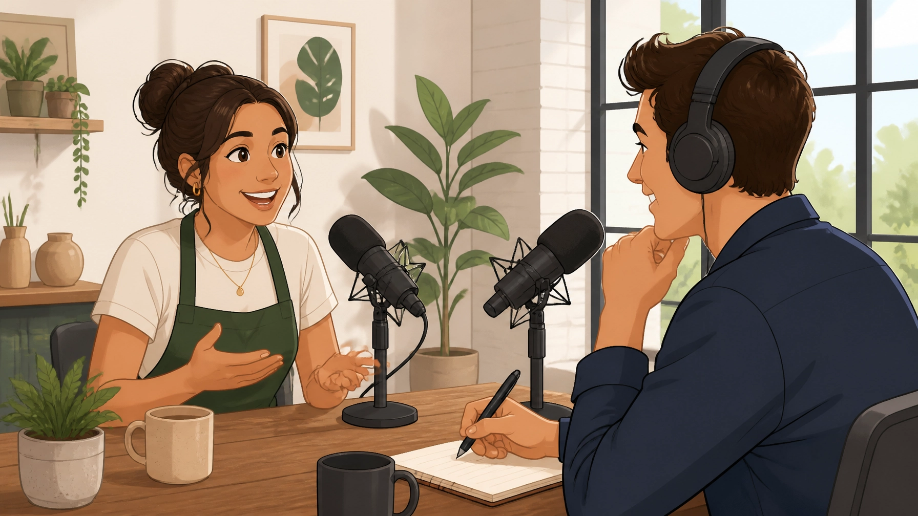 Business owner having a genuine conversation with a podcast host in a studio