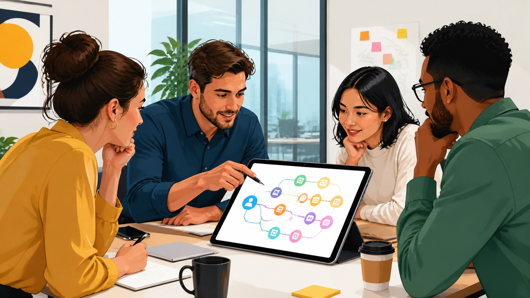 Marketing team analyzing complex customer journey paths on a digital tablet in a modern office