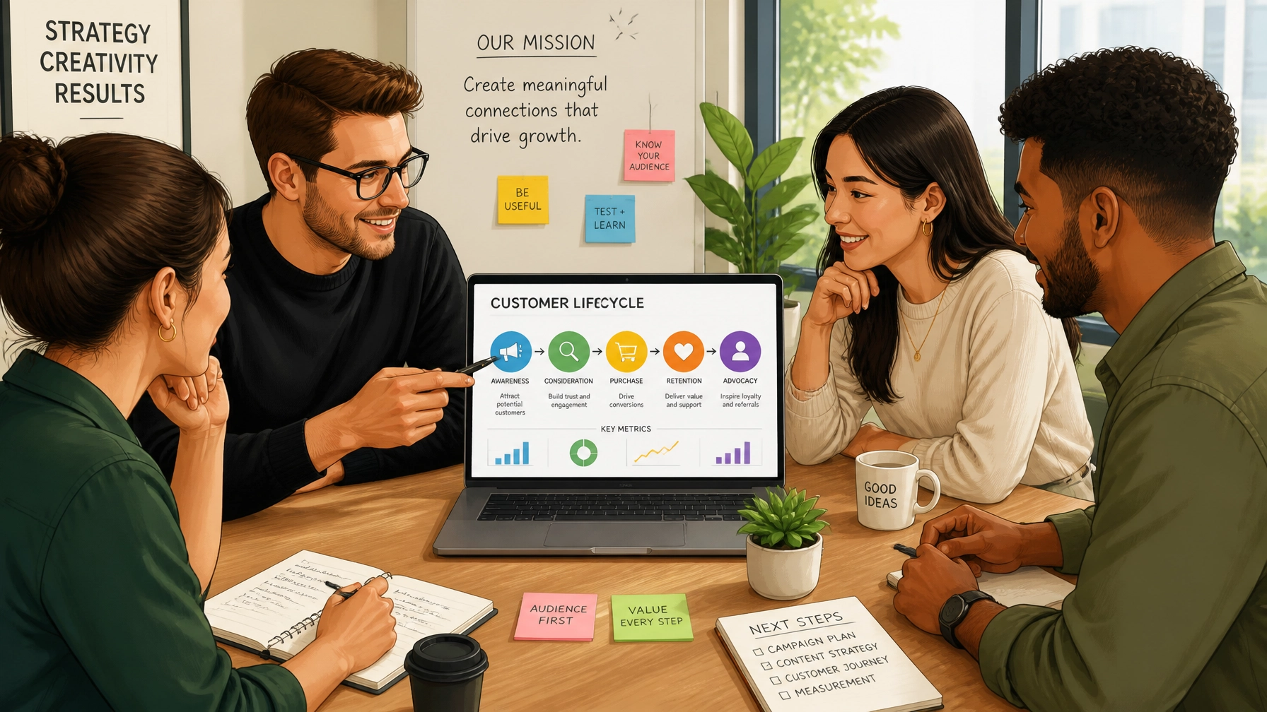 Marketing team collaborating around a clean wooden desk