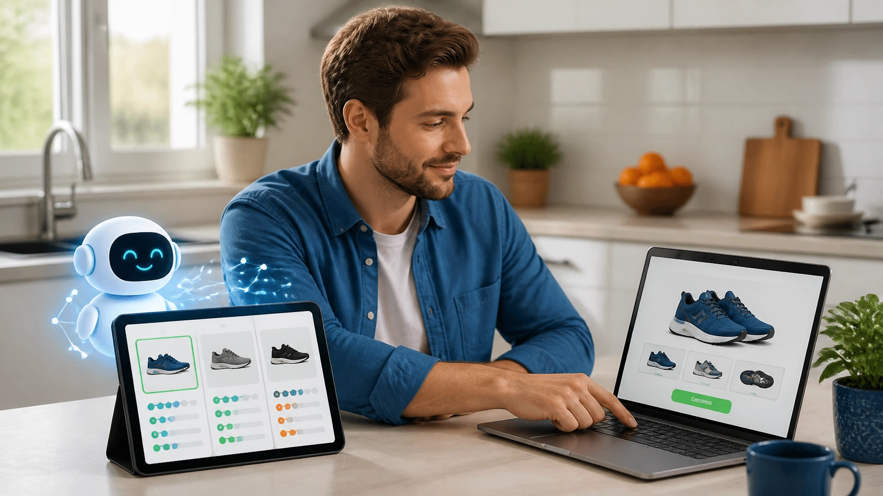Man using laptop and tablet displaying shoes, illustrating AI-assisted shopping and the automation trust ceiling