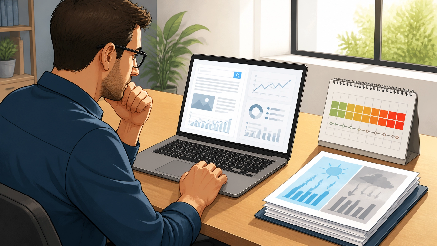 Marketing manager reviewing an aging content page beside changing market information