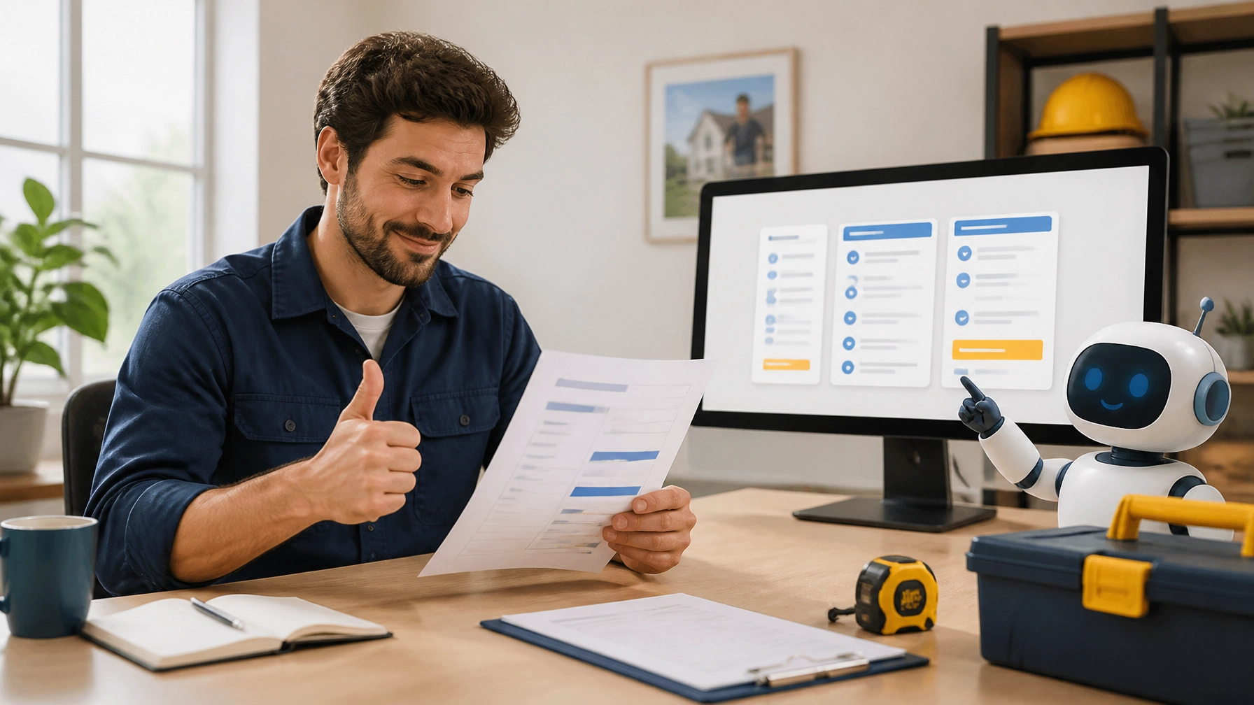 Business owner reviewing a clear AI-assisted service estimate before approval