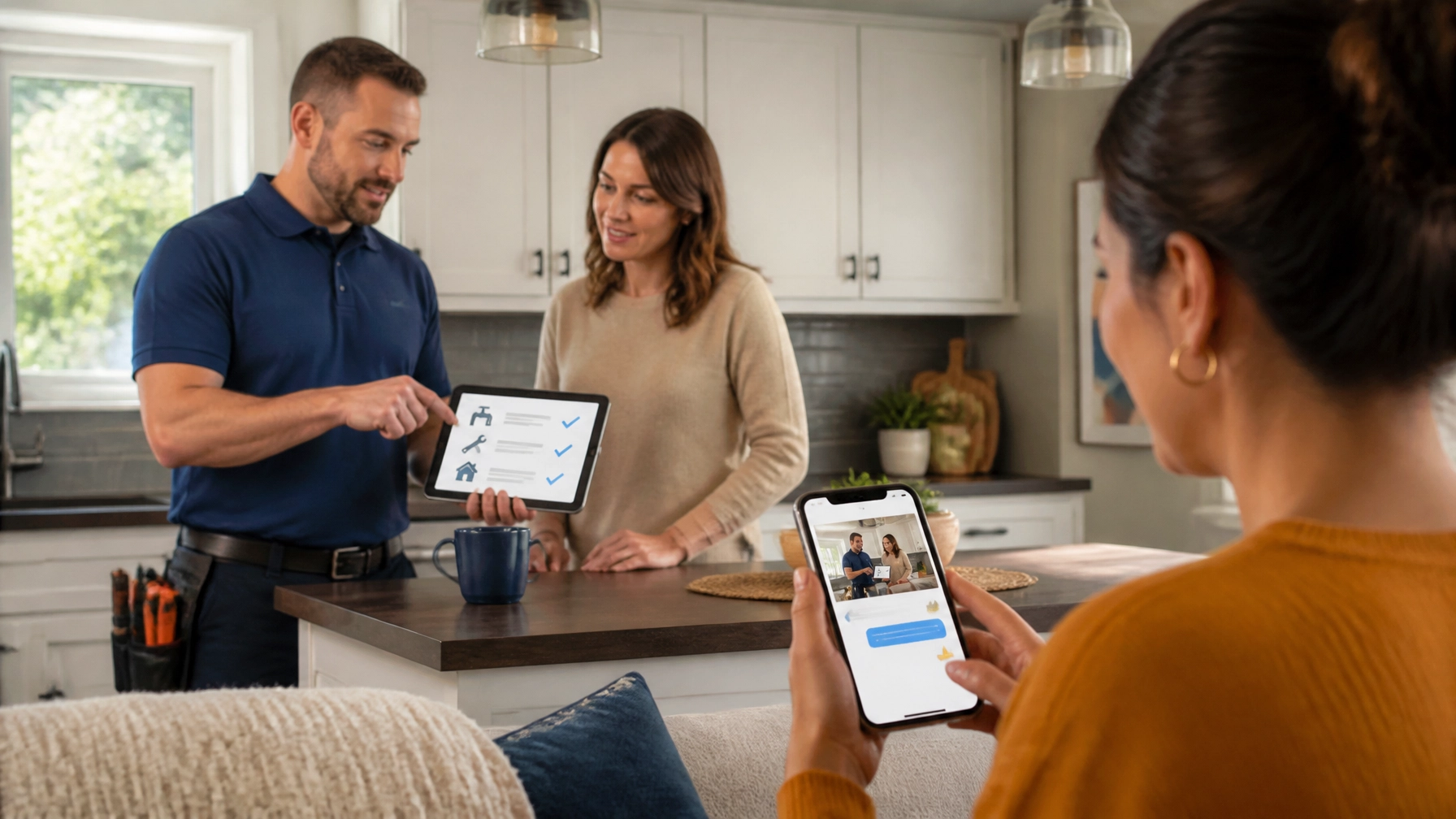 Home services professional explaining a practical maintenance guide while a homeowner shares it privately