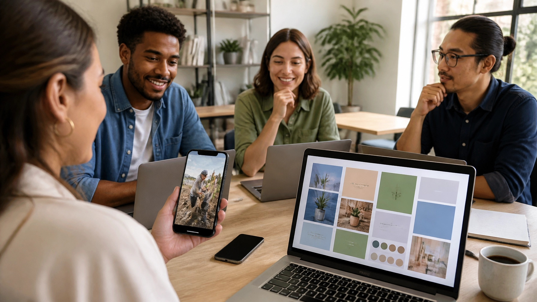 Group of four diverse professionals discussing digital marketing strategies, with one person showing a smartphone