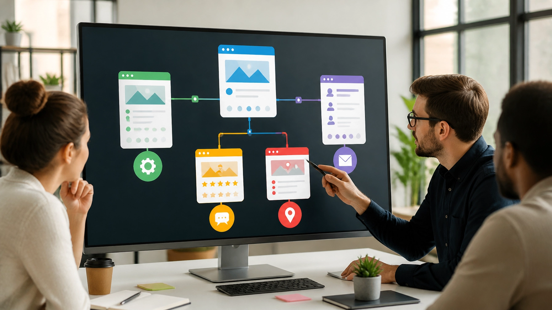 Digital marketing team auditing connections between website pages, reviews, and business listings