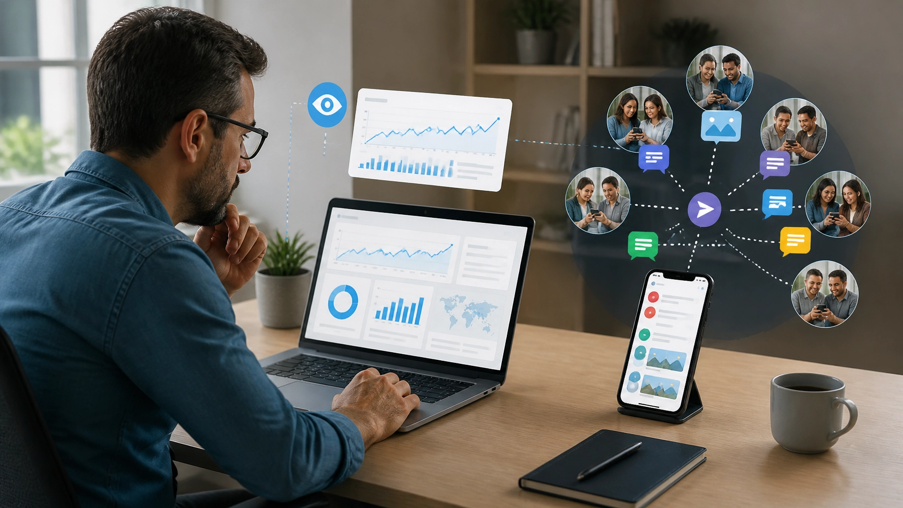 Marketing manager comparing visible social metrics with private message activity on unbranded devices