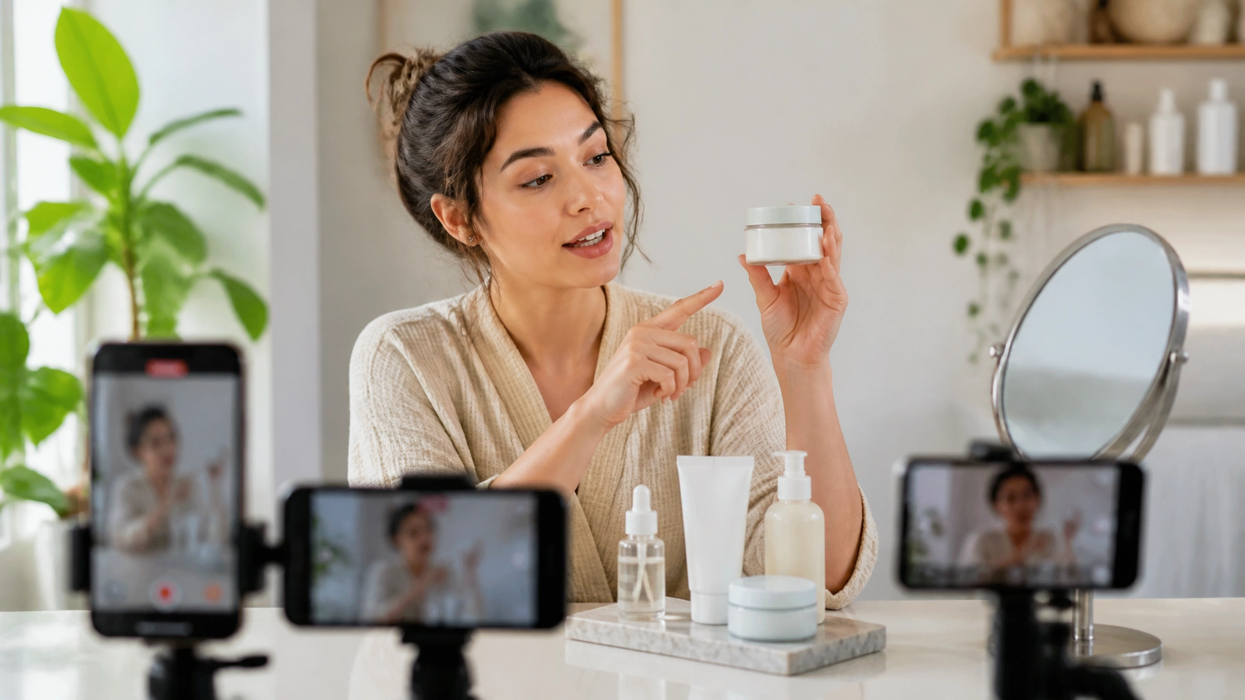 Candid skincare review showing a creator discussing product limitations in a clean, natural setting
