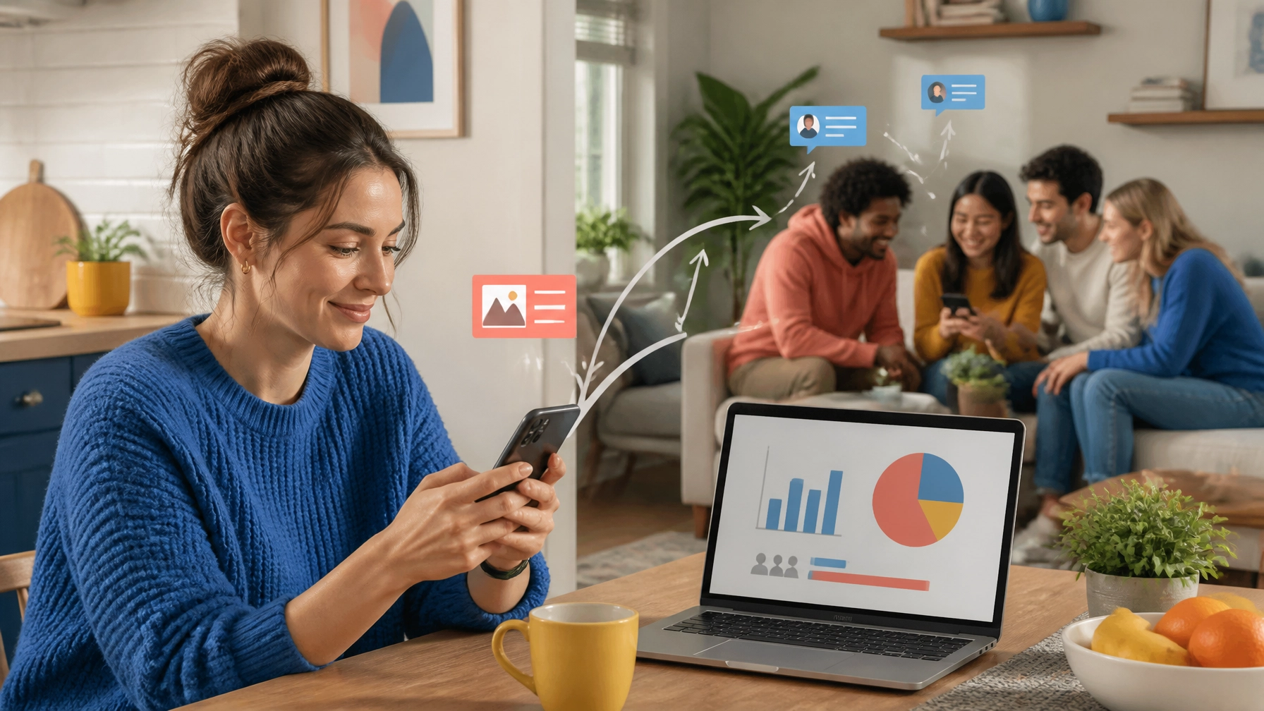 Woman in a blue sweater using a smartphone, with a laptop displaying social media analytics