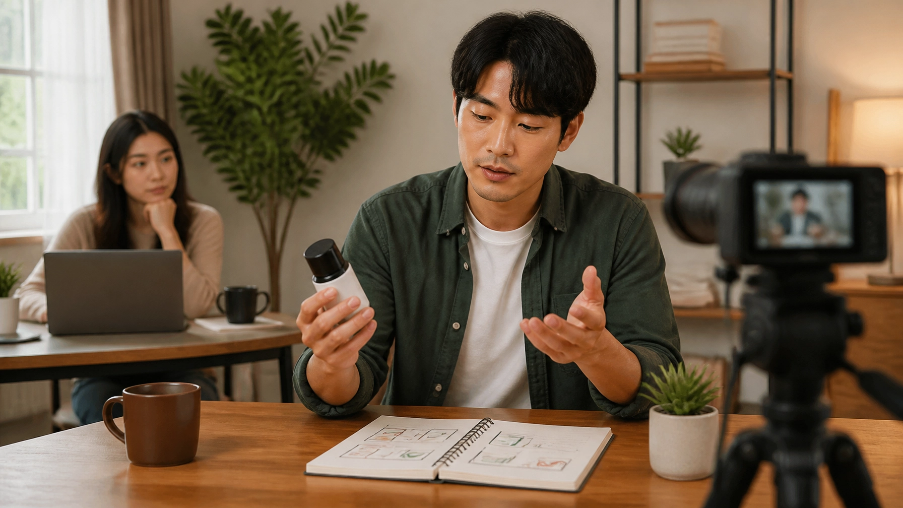 Creator filming a candid product review while a brand manager listens rather than controls the message