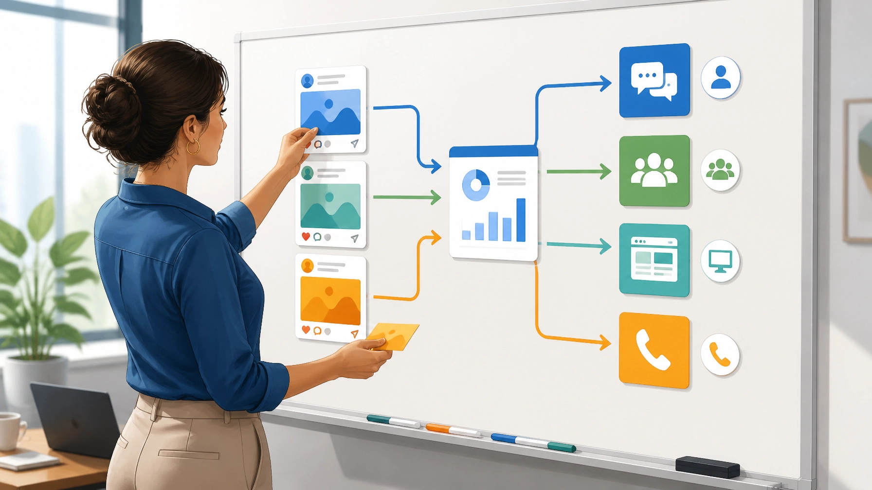Marketing strategist connecting social content to DMs, group chats, website visits, and customer inquiries